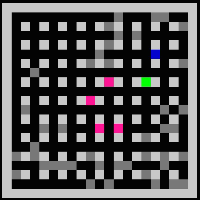 Dark grey = 'Soft Walls', Green = 'Player', Pink = 'Blast Upgrade', Blue = 'Carry Upgrade'